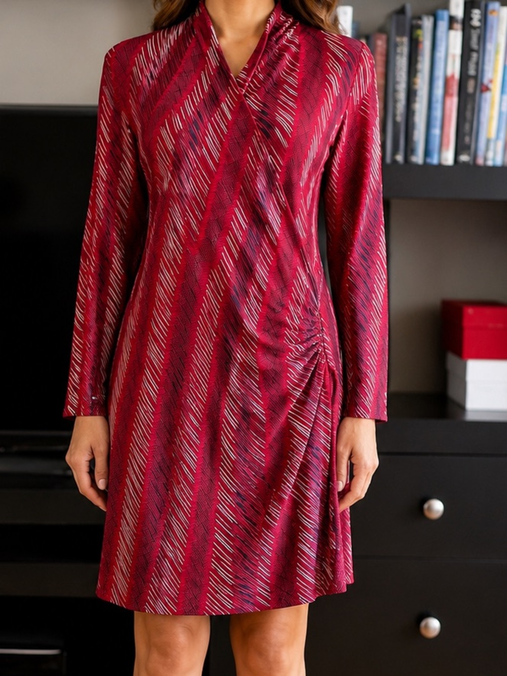 Norma Kamali Red and Black Diagonal Stripe Long-Sleeve Dress